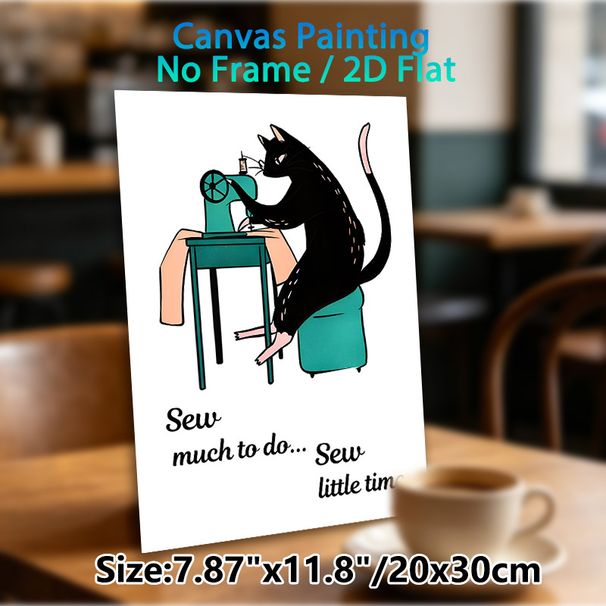 Sewing Cat Painting Poster, Adorable Cartoon Black Cat Using Sewing Machine Poster, Playful Pun Design, Suitable For Sewing Room And Craft Space_maomaolike.com
