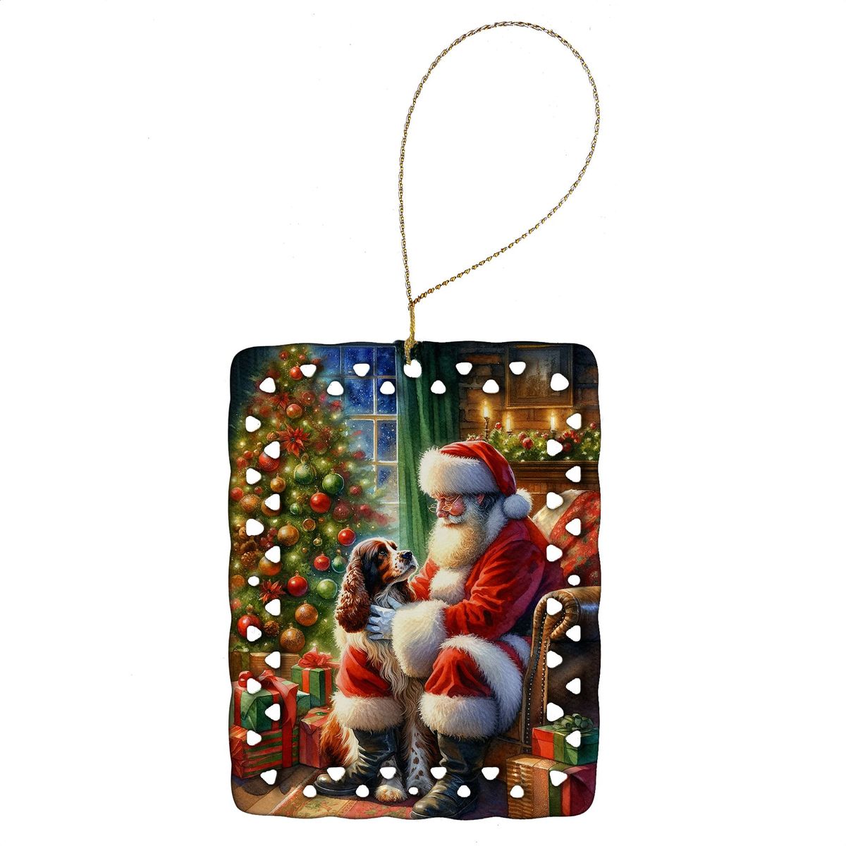 Welsh Springer Spaniel And Santa Claus Porcelain Ornament Christmas Tree Hanging Decorations For Home Christmas Holiday, Rectangle, Gift, Multicolor_maomaolike.com