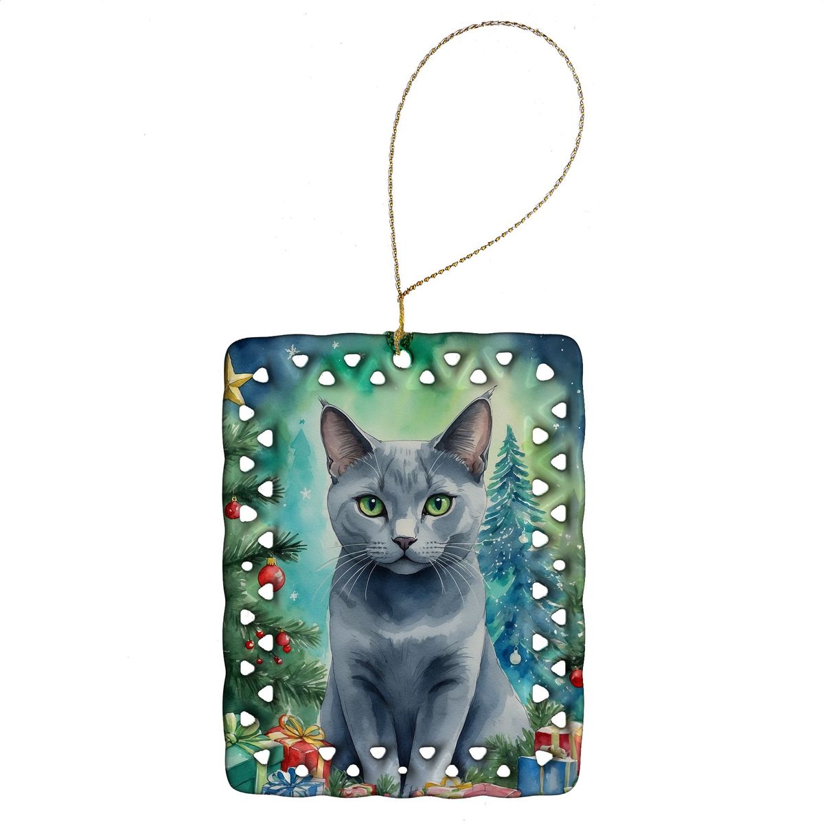 Russian Blue Cat By The Christmas Tree Porcelain Ornament Christmas Tree Hanging Decorations For Home Christmas Holiday, Rectangle, Gift, Multicolor_maomaolike.com