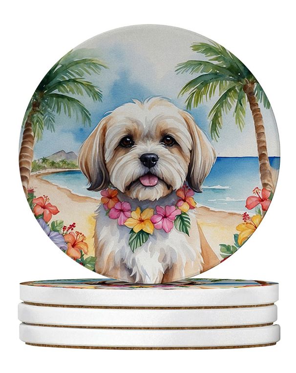 Lhasa Apso Luau Large Sandstone Coasters Pack Of 4 Absorbent Round Coasters Decor Gifts For Men Or Women, 4 In, Multicolor_maomaolike.com