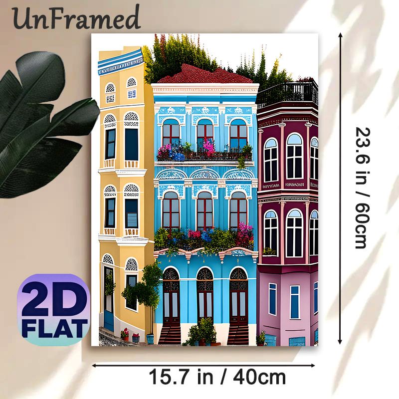 Mediterranean Street Buildings Painting Poster, Vibrant Colorful Vintage European Architecture Poster, Eye-catching Urban Scene Ideal For Living Room_maomaolike.com