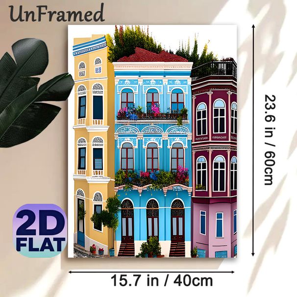 Mediterranean Street Buildings Painting Poster, Vibrant Colorful Vintage European Architecture Poster, Eye-catching Urban Scene Ideal For Living Room_maomaolike.com