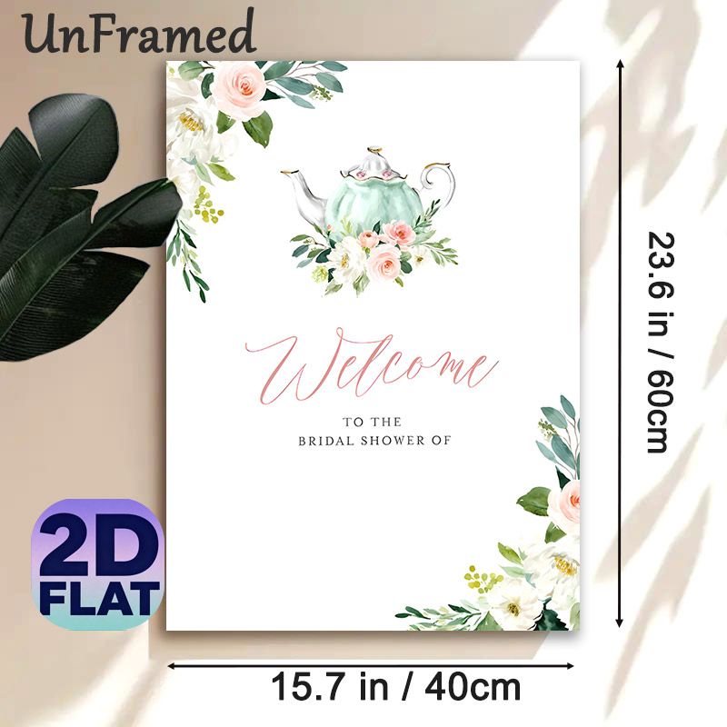 Bridal Shower Welcome Painting Poster, Soft Watercolor Floral & Teapot Poster, Elegant Welcome Decor Suitable For Bridal Shower Gatherings_maomaolike.com