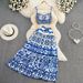 Women's Clothing Casual Celadon Print Camisole Two piece Set High Waist Slim A Line Swing Skirt Summer_maomaolike.com