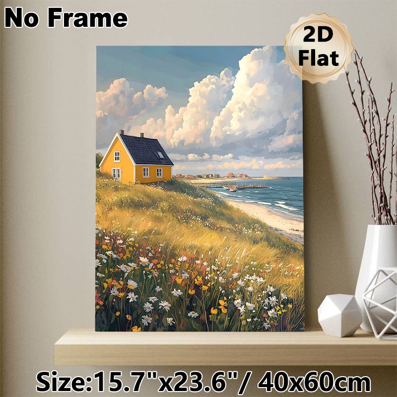 Coastal Cottage Landscape Painting Poster, Warm-toned Idyllic Seaside Scenery With Wildflowers And Yellow Cottage Poster, Serene Natural View Ideal_maomaolike.com