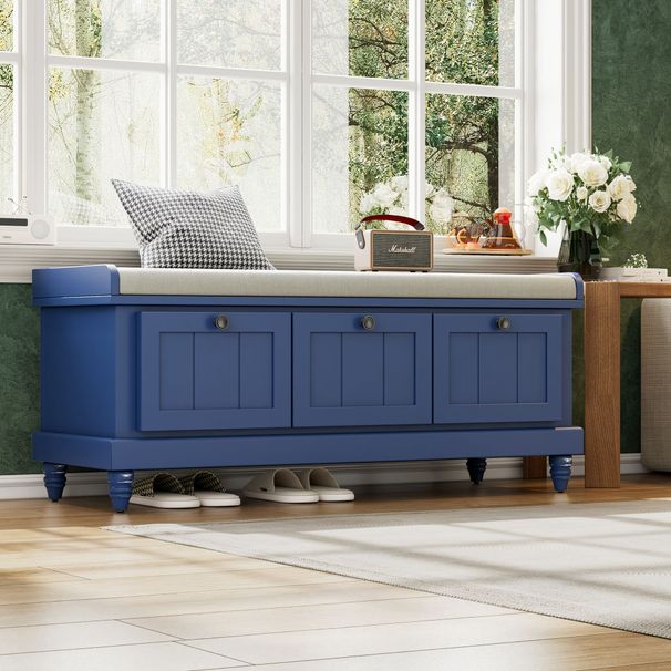 Classic Storage Bench With Cushioned Seat And Three Drawers For Entryway And Living Room_maomaolike.com