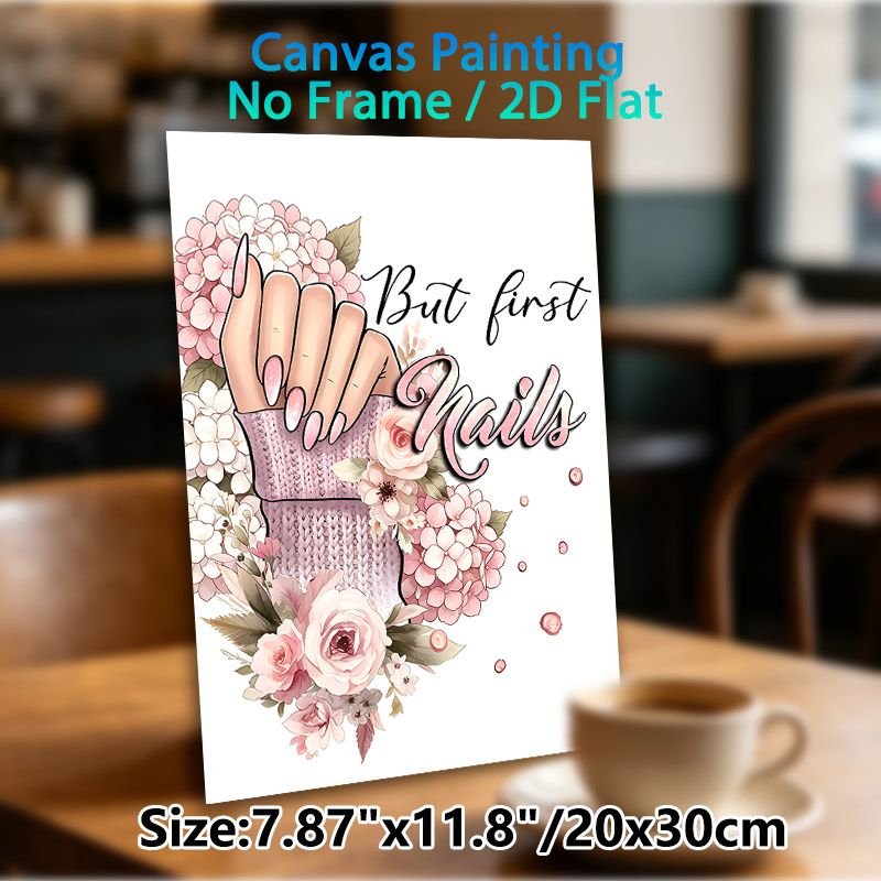 Nail & Floral Themed Painting Poster, Soft Watercolor Style Pastel Pink Manicured Hand With Blooming Flowers & "But First Nails" Text Poster, Charming_maomaolike.com