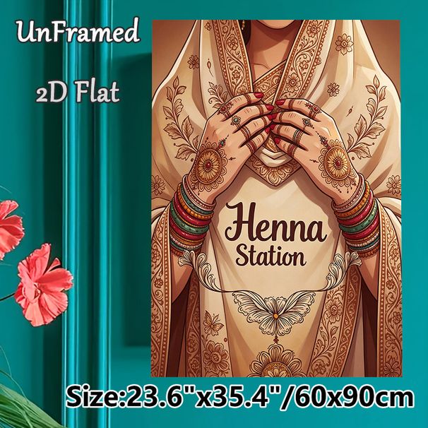 Henna Station Themed Painting Poster, Intricate Ethnic Style Poster, Warm-toned Traditional Henna Art With Ornate Attire Details, Ideal For Cultural_maomaolike.com