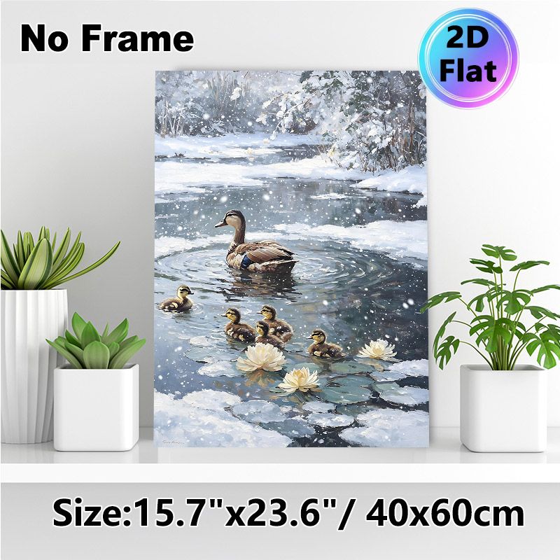 Winter Duck Family Painting Poster, Realistic Oil Painting Style Poster, Peaceful Snowing Pond Scene With Ducklings And Water Lilies, Ideal For Living_maomaolike.com