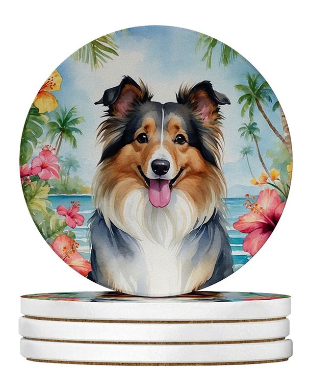 Sheltie Luau Large Sandstone Coasters Pack Of 4 Absorbent Round Coasters Decor Gifts For Men Or Women, 4 In, Multicolor_maomaolike.com