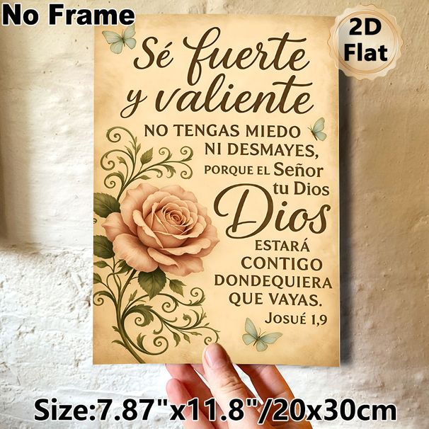 Spanish Religious Scripture Painting Poster, Vintage Rustic Style Poster, With Soft Pink Rose, Delicate Butterflies & Inspirational Verse, Ideal For_maomaolike.com