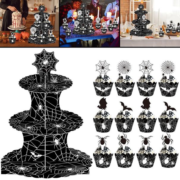 3 Tier Cupcake Stand Black Spider Web Cardboard Cupcake Stand With Spider Bat Cupcake Toppers Cupcake Holder Tower For Birthday Party Supplies_maomaolike.com
