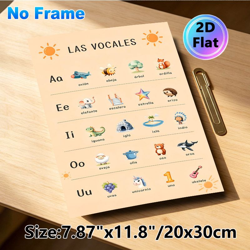 Spanish Vowels Learning Painting Poster, Adorable Cartoon Graphic Poster, Aids In Mastering Basic Spanish Vowels, Ideal For Language Study Spaces_maomaolike.com