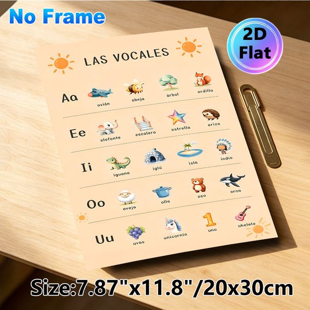 Spanish Vowels Learning Painting Poster, Adorable Cartoon Graphic Poster, Aids In Mastering Basic Spanish Vowels, Ideal For Language Study Spaces_maomaolike.com