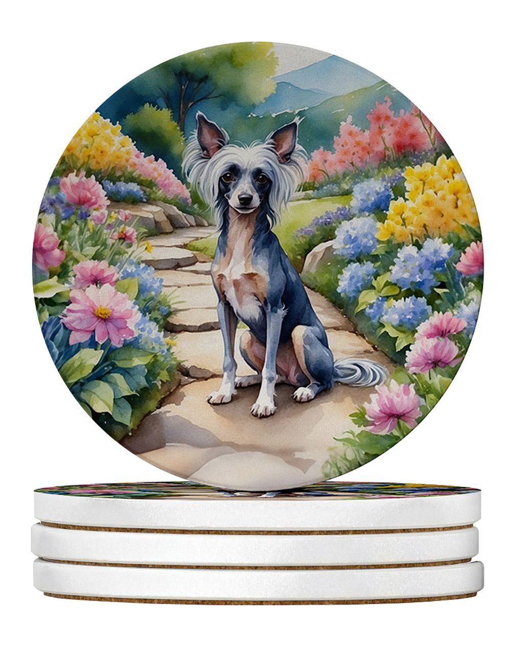Chinese Crested Spring Path Large Sandstone Coasters Pack Of 4 Absorbent Round Coasters Decor Gifts For Men Or Women, 4 In, Multicolor_maomaolike.com
