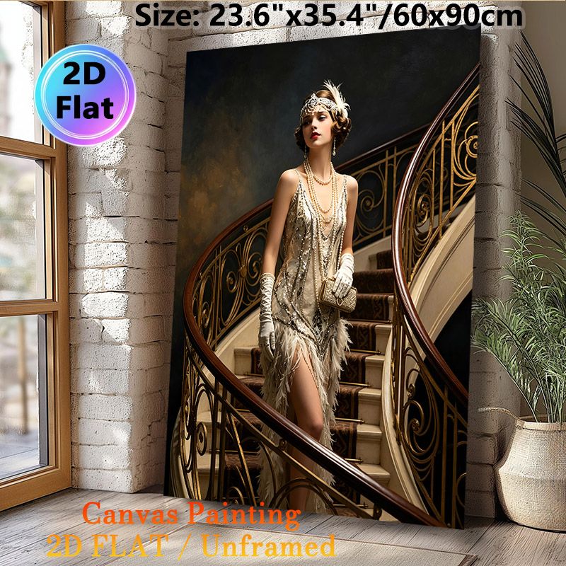 Roaring 20s Flapper Lady Painting Poster, Elegant Vintage Art Deco Style Poster, Glamorous Sequined Dress Figure On Ornate Staircase Brings Retro_maomaolike.com