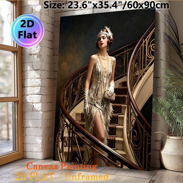 Roaring 20s Flapper Lady Painting Poster, Elegant Vintage Art Deco Style Poster, Glamorous Sequined Dress Figure On Ornate Staircase Brings Retro_maomaolike.com
