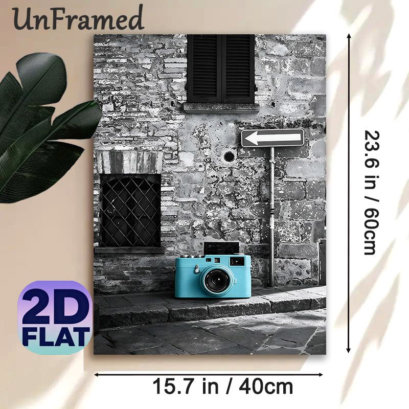 Vintage Camera Painting Poster, Stylish Monochrome Street Scene With Turquoise Accent Camera Poster, Eye-catching Contrast Decor For Photography_maomaolike.com