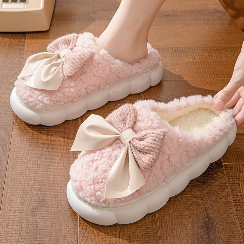 Winter Warm Fur For Women Cute Bow House Non Slip Soft Shoes Comfort Flat Heel Home Indoor Bedroom Plush Slippers_maomaolike.com