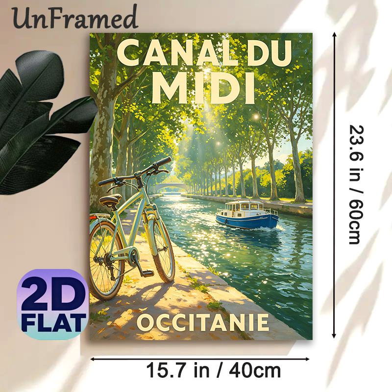 Canal Du Midi Themed Painting Poster, Warm Sunlit Riverside With Bicycle & Boat Poster, Tranquil Scenic Artwork Ideal For Living Room, Bedroom_maomaolike.com
