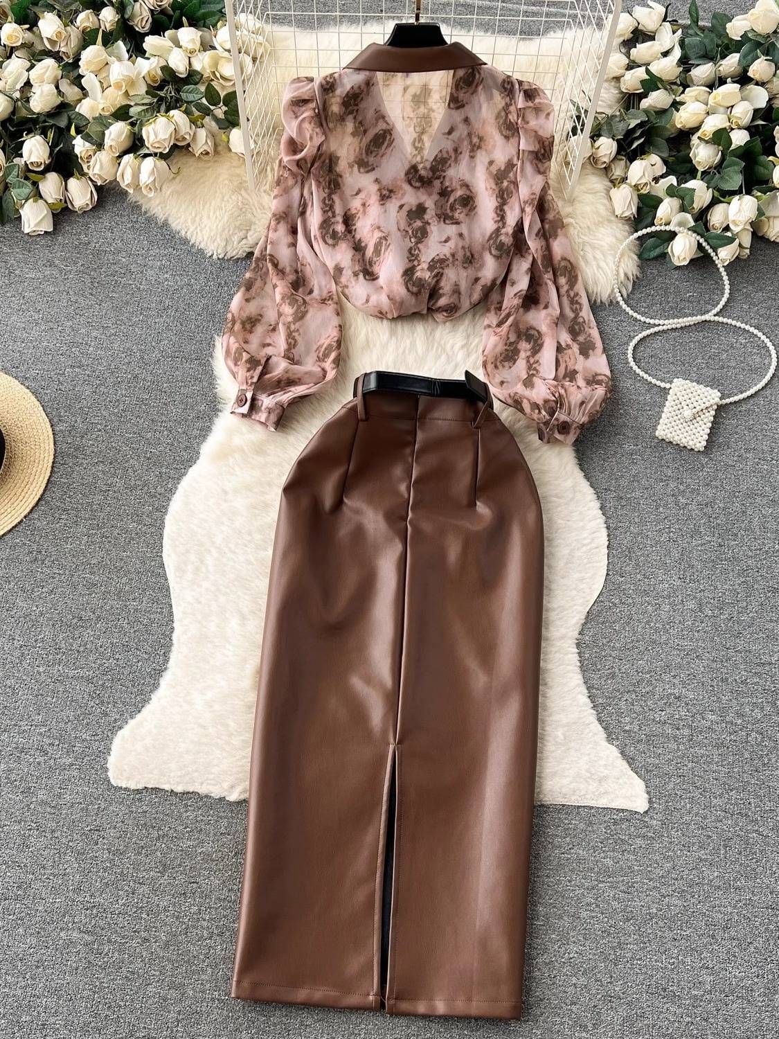 Women's Clothing collar floral chiffon shirt high waist tight PU leather skirt female high end outfit two piece suit_maomaolike.com