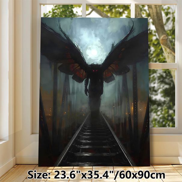 Mothman Themed Painting Poster, Dark Gothic Shadowy Winged Creature Poster, Spooky Atmospheric Artwork With Glowing Red Eyes, Ideal For Home Wall_maomaolike.com