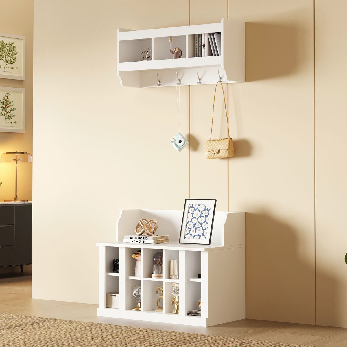 ON-TREND Shoe Storage Bench With Shelves And 4 Hooks, Elegant Hall Tree With Wall Mounted Coat Rack, Entryway Organizer For Hallway, Foyer, Mudroom, White_maomaolike.com