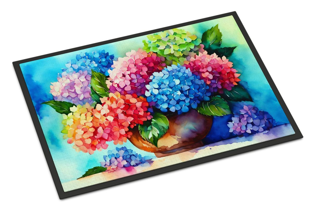 Hydrangeas In Watercolor Doormat Front Door Mat Indoor Outdoor Rugs For Entryway, Non Slip Washable Low Pile, 24H X 36W_maomaolike.com