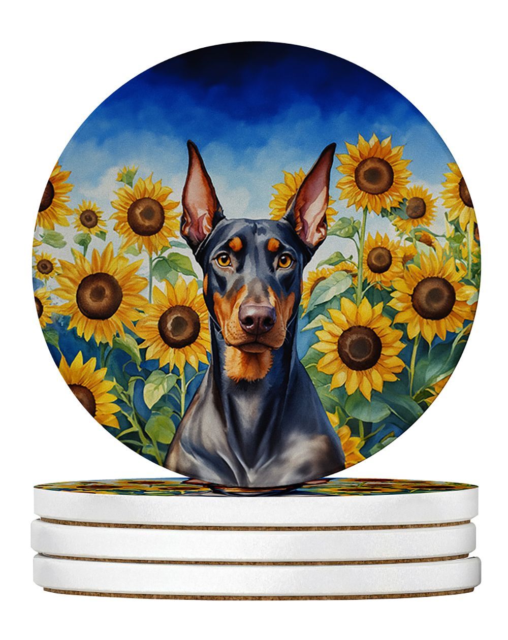 Doberman Pinscher In Sunflowers Large Sandstone Coasters Pack Of 4 Absorbent Round Coasters Decor Gifts For Men Or Women, 4 In, Multicolor_maomaolike.com