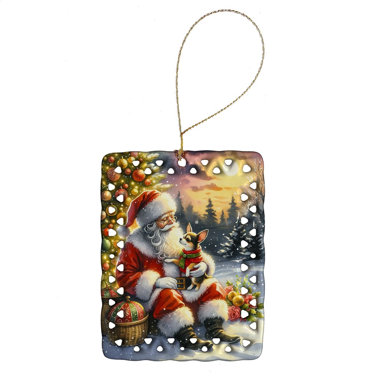 Chihuahua And Santa Claus Porcelain Ornament Christmas Tree Hanging Decorations For Home Christmas Holiday, Rectangle, Gift, Multicolor_maomaolike.com