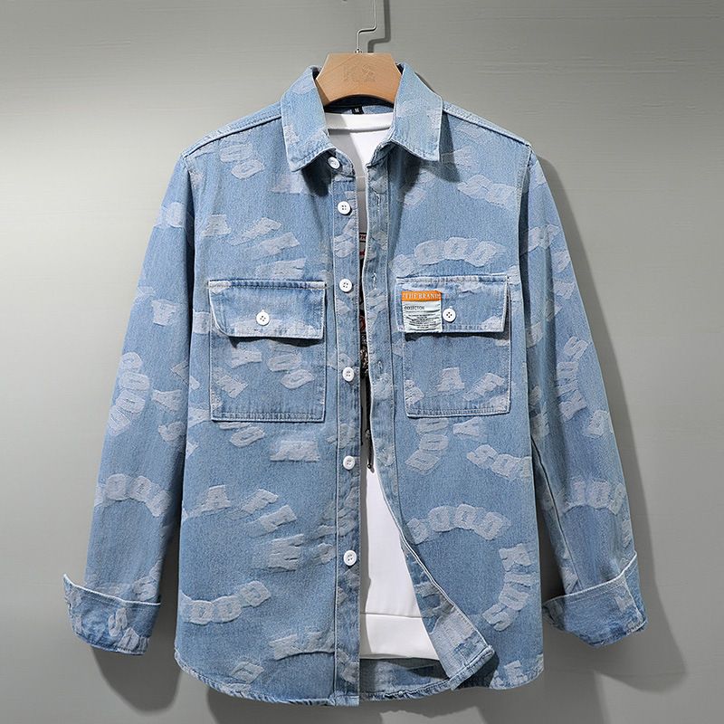 2024New retro color woven jacquard shirt jacket, men's loose casual personalized style long sleeved denim shirt_maomaolike.com