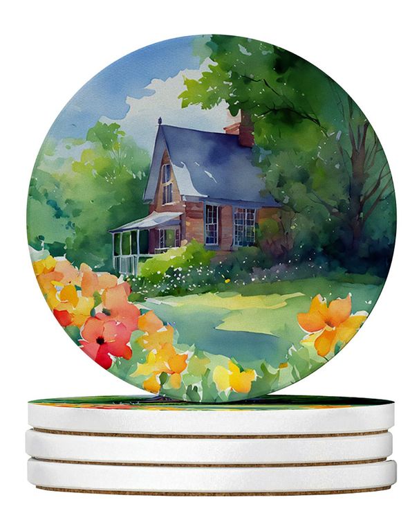 Massachusetts Mayflowers In Watercolor Large Sandstone Coasters Pack Of 4 Absorbent Round Coasters Decor Gifts For Men Or Women, 4 In, Multicolor_maomaolike.com