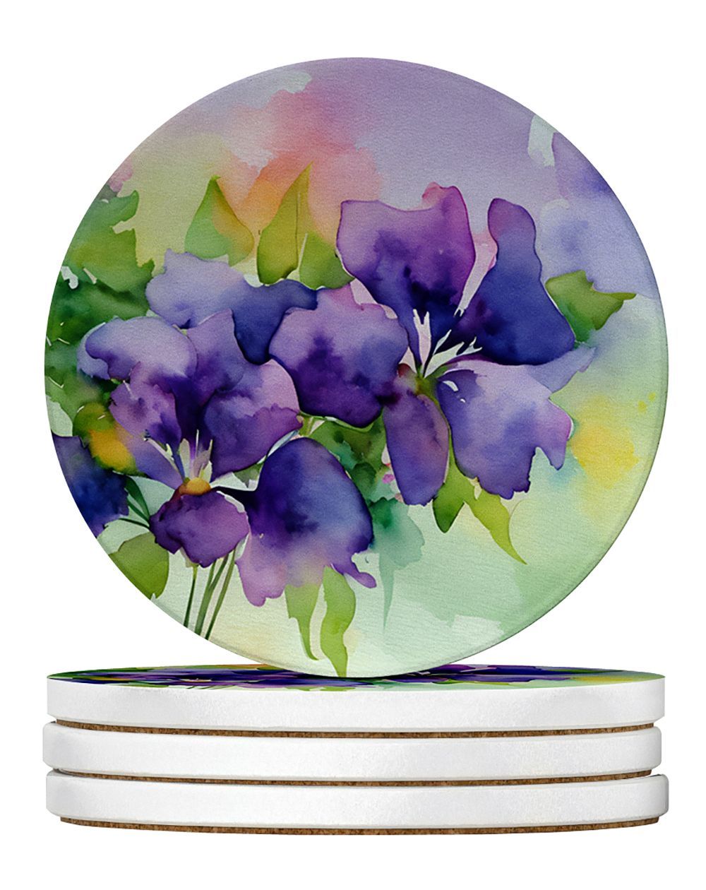 New Jersey Violet In Watercolor Large Sandstone Coasters Pack Of 4 Absorbent Round Coasters Decor Gifts For Men Or Women, 4 In, Multicolor_maomaolike.com