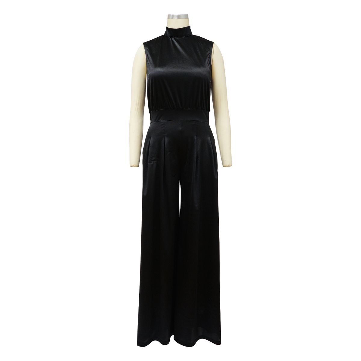 Women's fashion wide leg pants solid color high collar sleeveless waist jumpsuit_maomaolike.com
