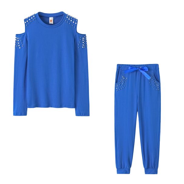 Women's Clothing Autumn Set Sexy Beaded Solid Color Round Neck Long Sleeve Set_maomaolike.com
