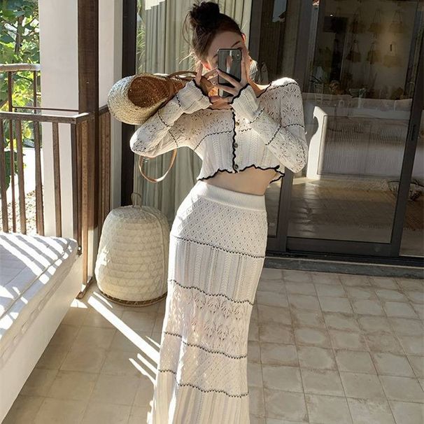 Women's Clothing hollow knitted top skirt two piece suit fashionable and age reducing temperament early spring wear a complete set_maomaolike.com