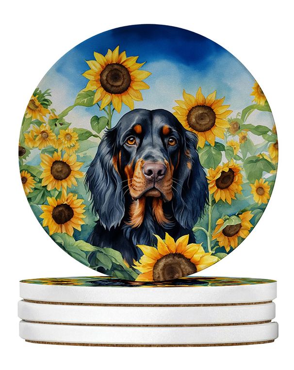 Gordon Setter In Sunflowers Large Sandstone Coasters Pack Of 4 Absorbent Round Coasters Decor Gifts For Men Or Women, 4 In, Multicolor_maomaolike.com