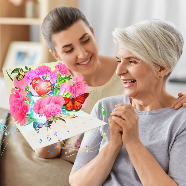 3D Pop Up Mother's Day Cards, Best Mom Ever Carnation Card With Music And Multicolor LED Lights Envelope And Blank Wish Card For Mom Wife Grandma_maomaolike.com