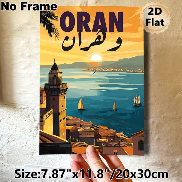 Oran Coastal City Sunset Painting Poster, Vibrant Retro-style Warm Sunset Over Coastal Town With Sailboats Poster, Nostalgic Travel Vibe Decor For_maomaolike.com