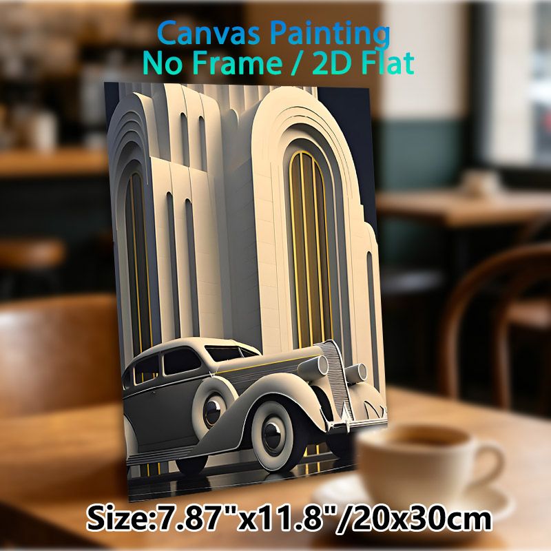 Vintage Luxury Car & Art Deco Architecture Painting Poster, Sleek Elegant Retro Style Poster, Sophisticated Classic Decor Ideal For Living Room_maomaolike.com