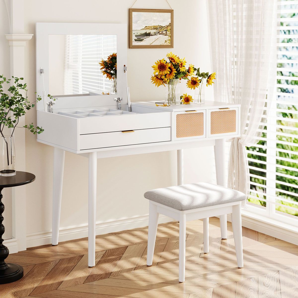 43.3" Classic Wood Makeup Vanity Set With Flip-top Mirror And Stool, Dressing Table With Three Drawers And Storage Space_maomaolike.com