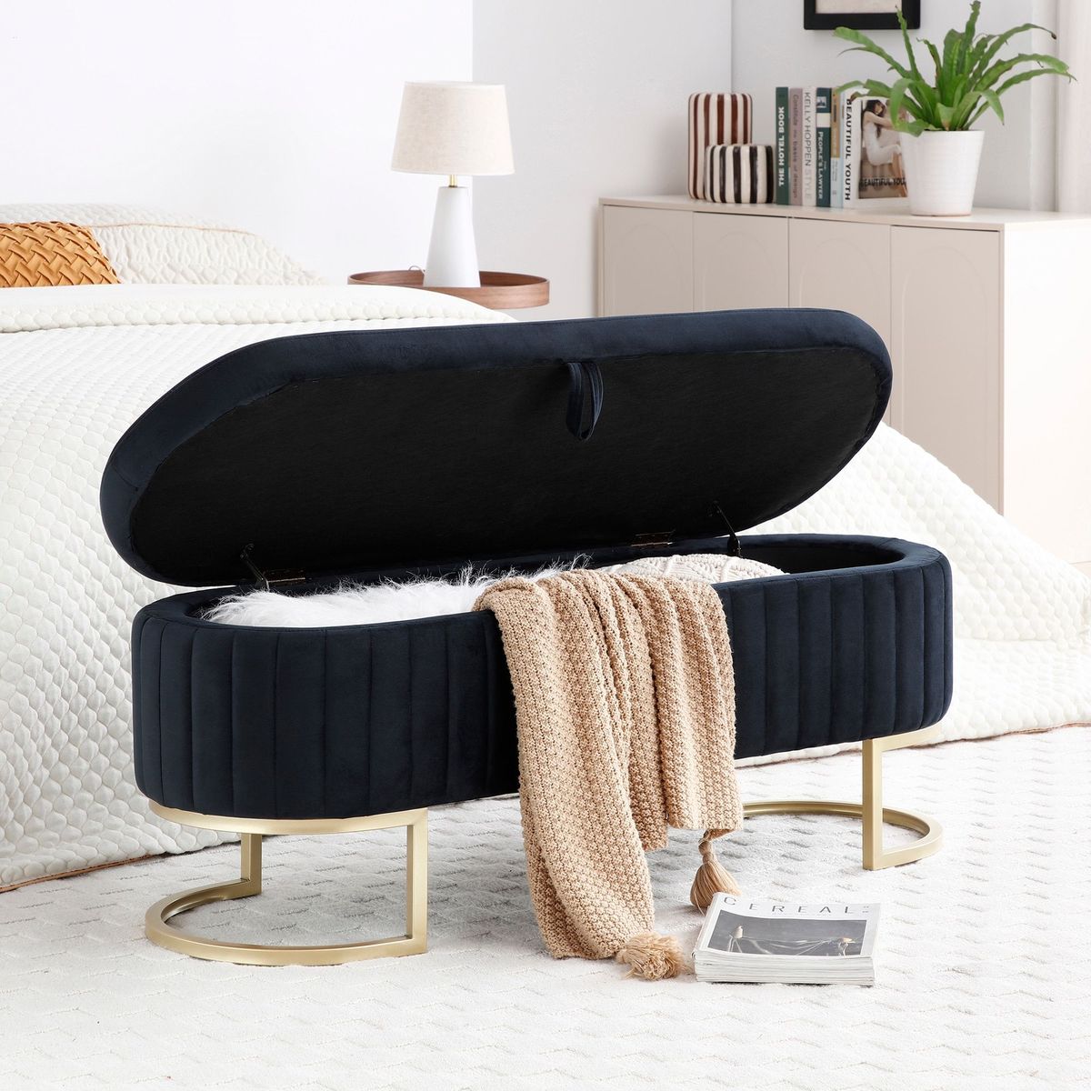 Storage Bench Bedroom Bench, Velvet Oval Upholstered End Of Bed Bench With Golden Metal Legs,50"Modern Storage Ottoman Bench For Bedroom, Living Room,Entryway,Window, Black_maomaolike.com