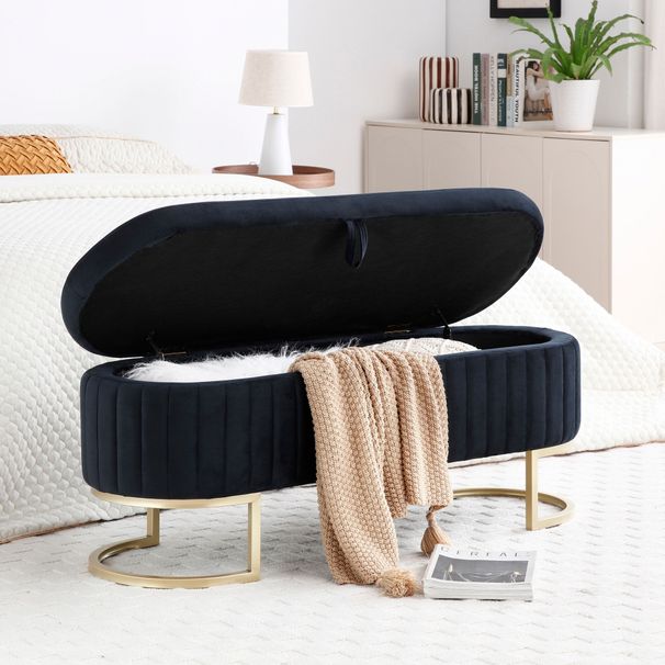 Storage Bench Bedroom Bench, Velvet Oval Upholstered End Of Bed Bench With Golden Metal Legs,50"Modern Storage Ottoman Bench For Bedroom, Living Room,Entryway,Window, Black_maomaolike.com