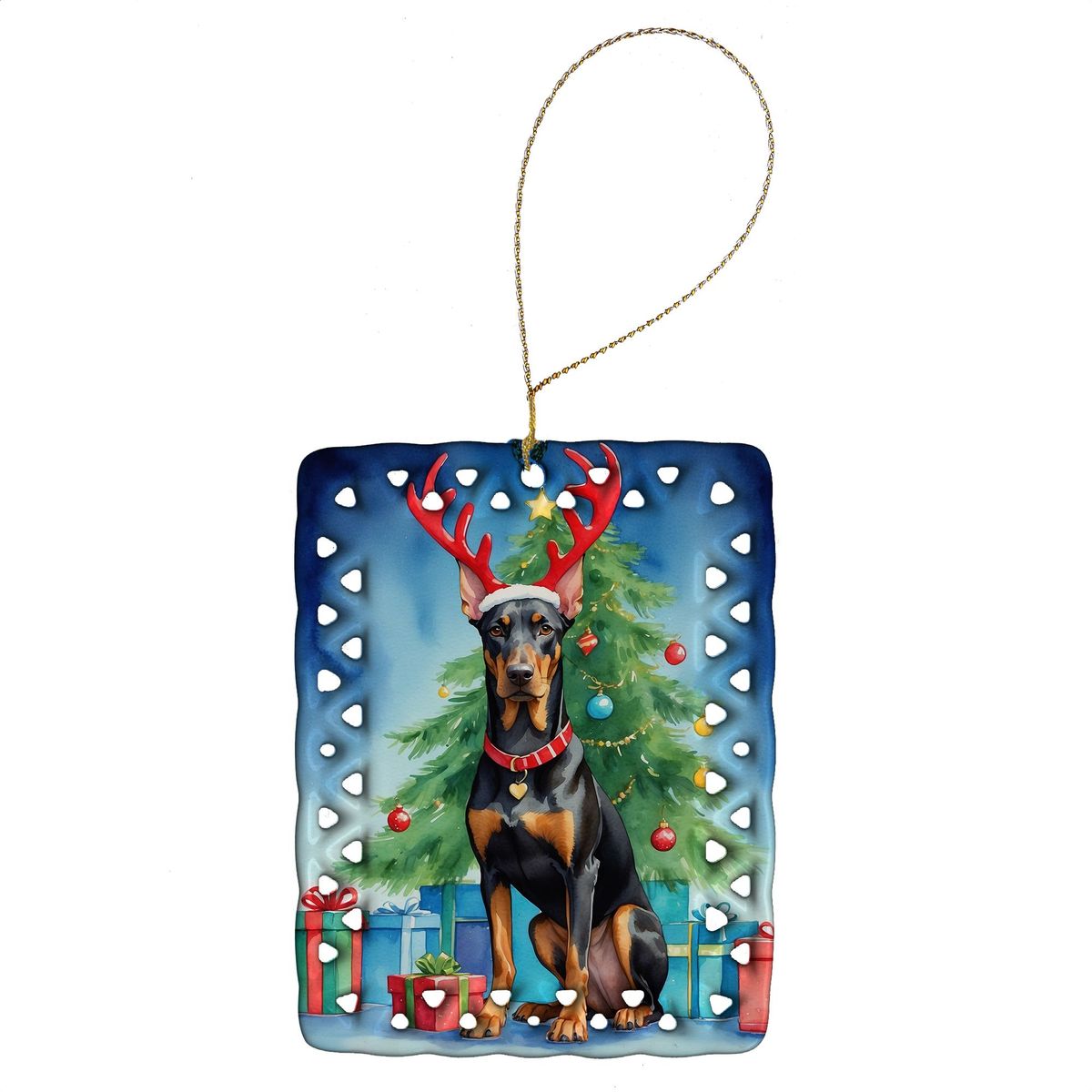 Doberman Pinscher Christmas Reindeer Porcelain Ornament Christmas Tree Hanging Decorations For Home Christmas Holiday, Rectangle, Gift, Multicolor_maomaolike.com