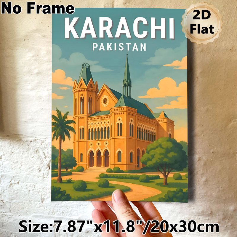 Karachi Pakistan Landmark Painting Poster, Warm-toned Retro Architectural Scene Poster, Showcases Iconic Historic Building With Lush Greenery, Ideal_maomaolike.com