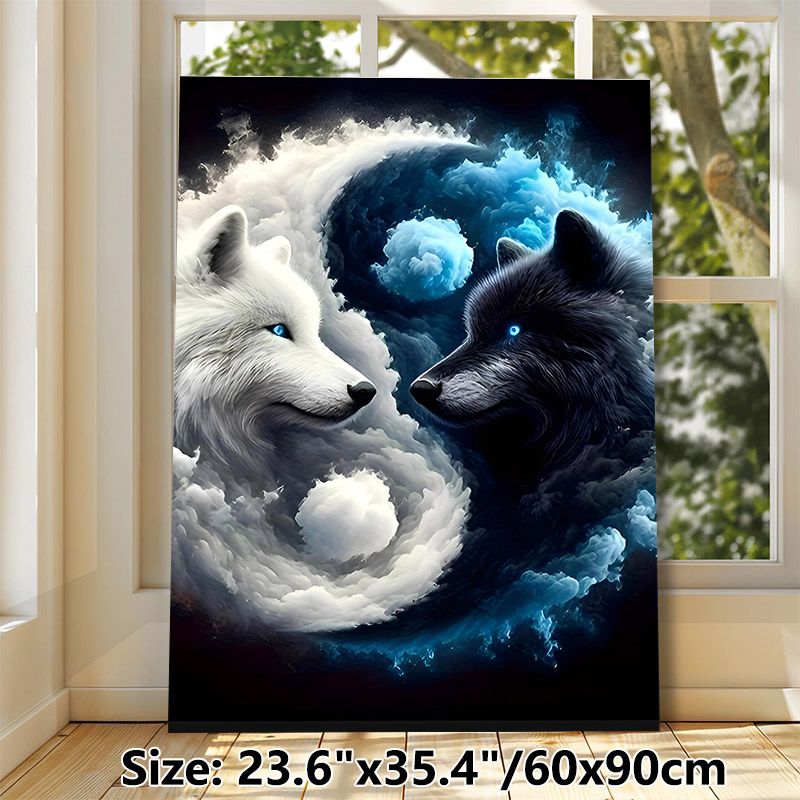 Yin-Yang Wolves Painting Poster, Mystical Surreal Cloud-Wrapped Poster, Striking Design With Glowing Blue-eyed Wolves, Suitable For Living Room And_maomaolike.com