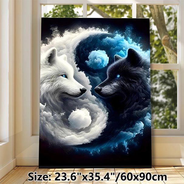 Yin-Yang Wolves Painting Poster, Mystical Surreal Cloud-Wrapped Poster, Striking Design With Glowing Blue-eyed Wolves, Suitable For Living Room And_maomaolike.com