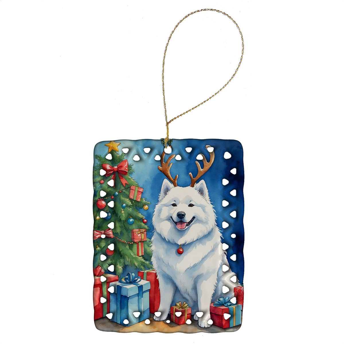 Samoyed Christmas Reindeer Porcelain Ornament Christmas Tree Hanging Decorations For Home Christmas Holiday, Rectangle, Gift, Multicolor_maomaolike.com