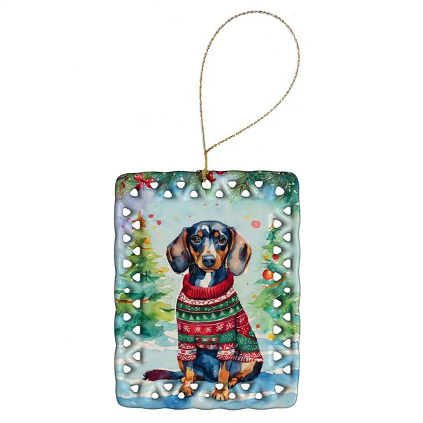 Dachshund Christmas Porcelain Ornament Christmas Tree Hanging Decorations For Home Christmas Holiday, Rectangle, Gift, Multicolor_maomaolike.com