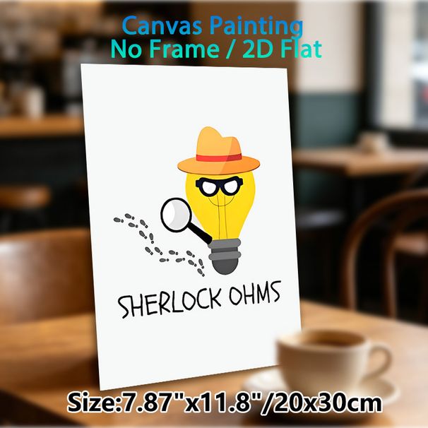 Sherlock Ohms Detective Lightbulb Painting Poster, Whimsical Cartoon Style Poster, Fun Electrical Pun Decor Ideal For Home Office, Living Room_maomaolike.com